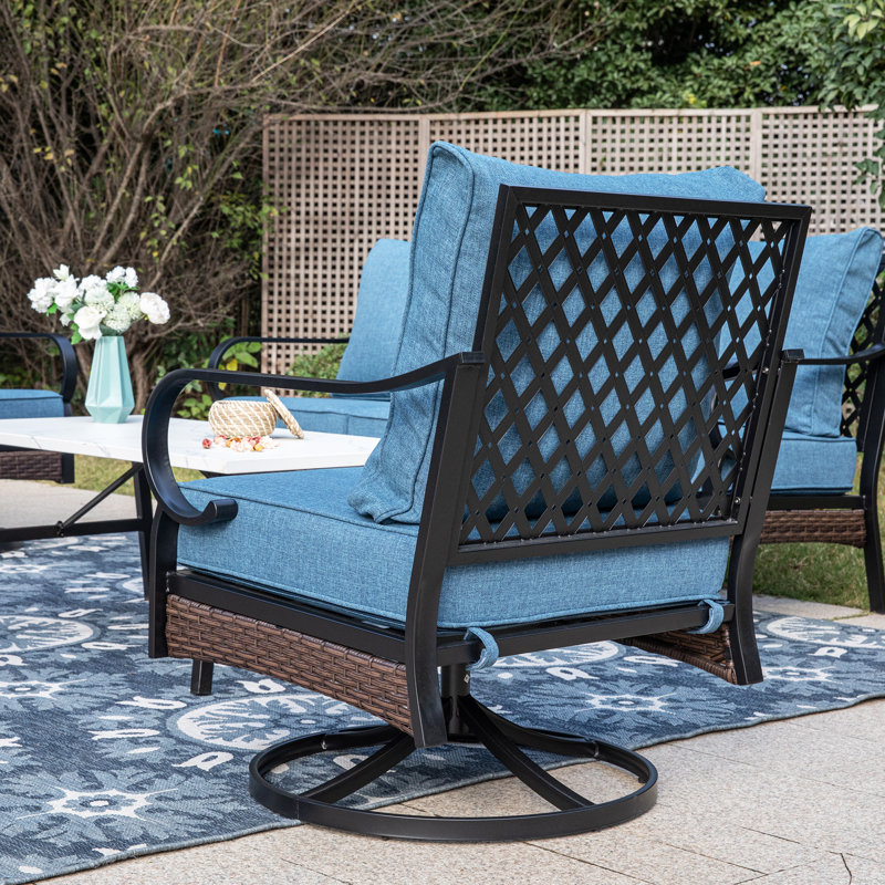 Ensemble de conversation pour 7 personnes avec chaises longues pivotantes, causeuse et table foyer, Noir / bleu denim / noir