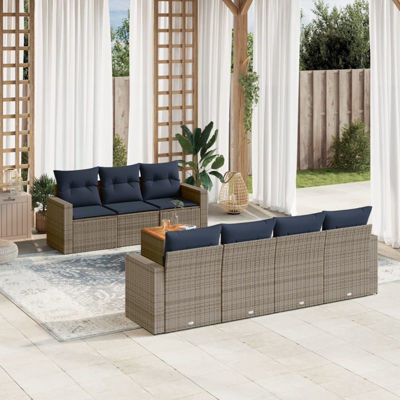 Ensemble de canapé de patio 8 pièces avec coussins en rotin de polyester, Marine, Gris