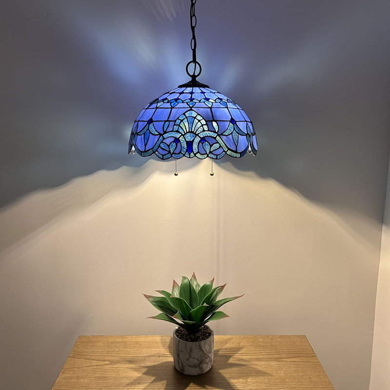 Blue Stained Glass Baroque Style Bronze LED Pendant Light