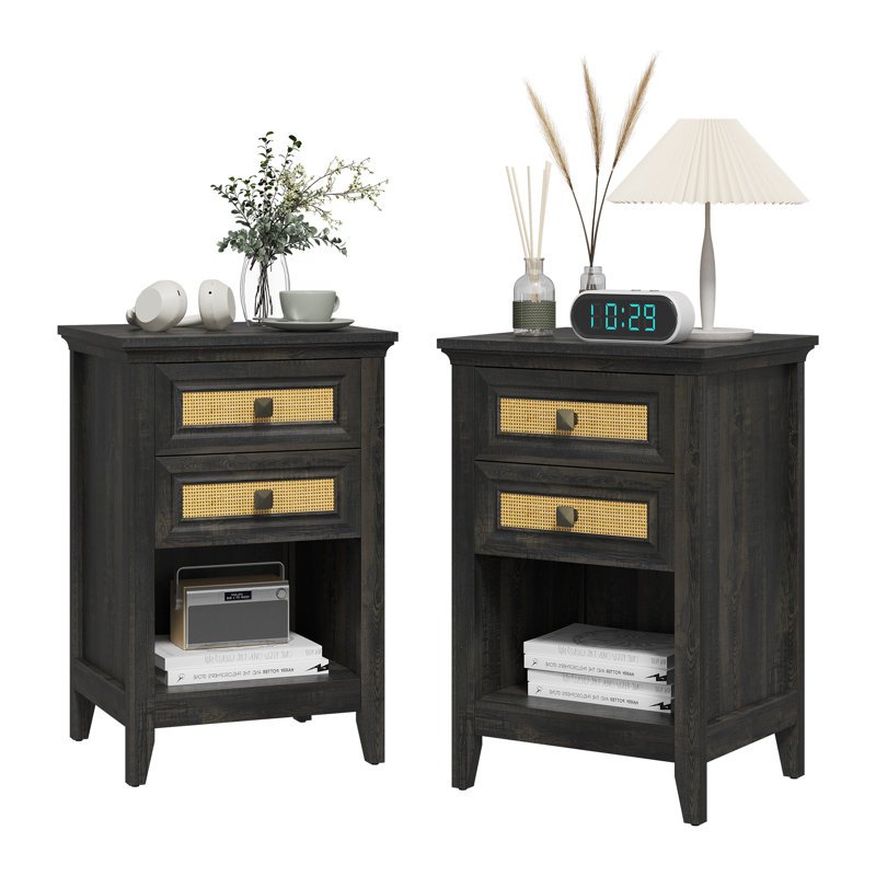 Azarius 27'' Rattan Nightstand With 2 Drawers, Dark Gray, Set of 2