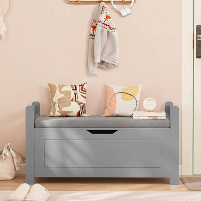 Banc de rangement pour enfants avec coussin rembourré, coffre à jouets en bois avec couvercle rabattable, pouf de rangement, banc à chaussures d'entrée avec charnière de sécurité, siège de rangement pour chambre, salle de jeux ou chambre d'enfant