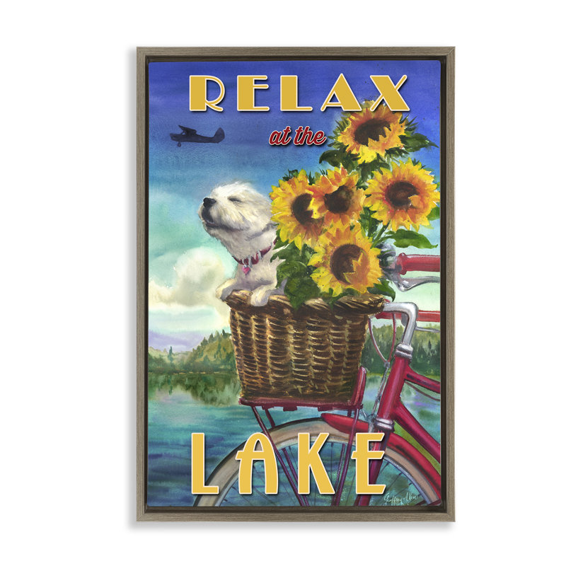 Dog in Bicycle Basket Framed Floater Canvas by Geoff Allen, 25" H x 17" W, Brown Floater Frame
