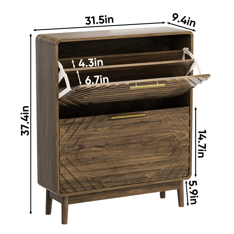 Armoire à chaussures autoportante en noyer de style moderne Mid-Century de 31,5 po pour le vestibule, 2 tiroirs à couvercle rabattable, rangement spacieux et vestibule en bois avec mélange, cloison amovible à deux couches, support ouvert