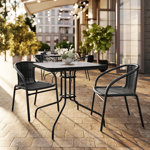 Amlie 28'' Square Glass Metal Table with Rattan Edging and 2 Rattan Stack Chairs