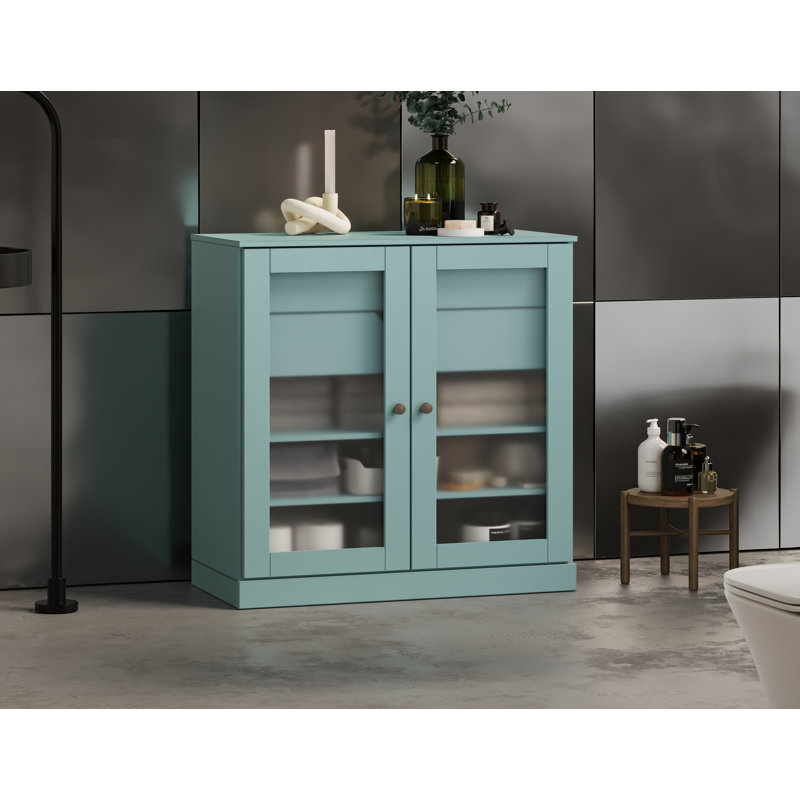 100% Solid Wood 32" Bathroom Cabinet with Frosted Glass Doors, 2-Drawers and Adjustable Shelves, Aqua Blue