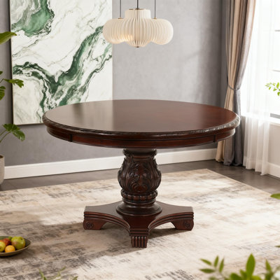 Traditional 48 Inch Round Dining Table With Carved Pedestal Base, Rubber Wood Construction