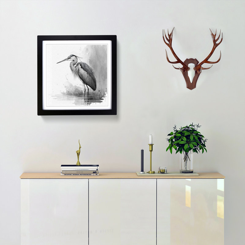 Heron Ink Wash - Framed Print, Black
