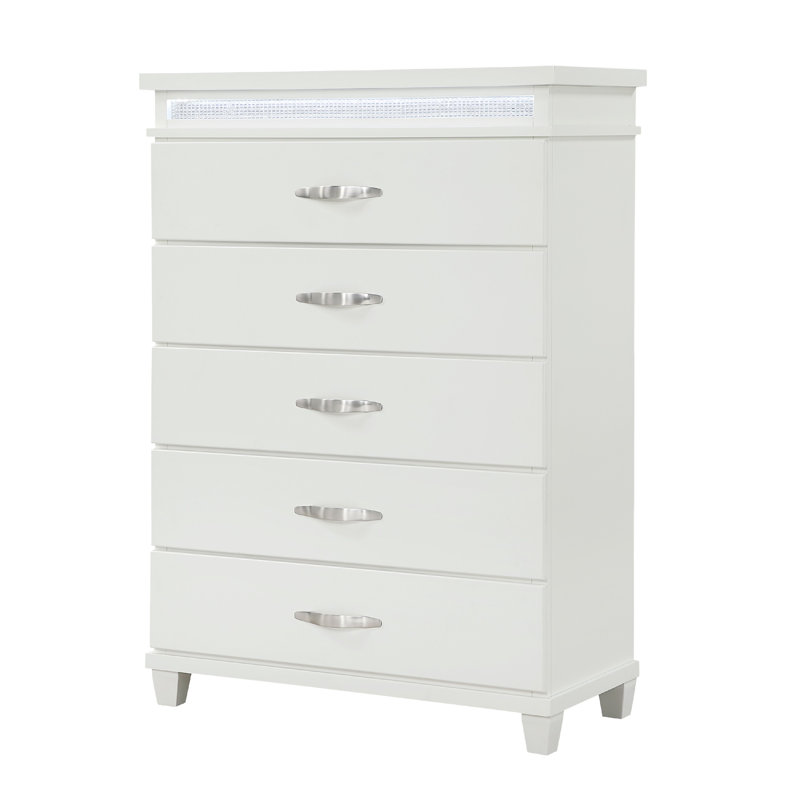 Commode haute Jisy, 5 poignées de barre chromées à DEL, blanc