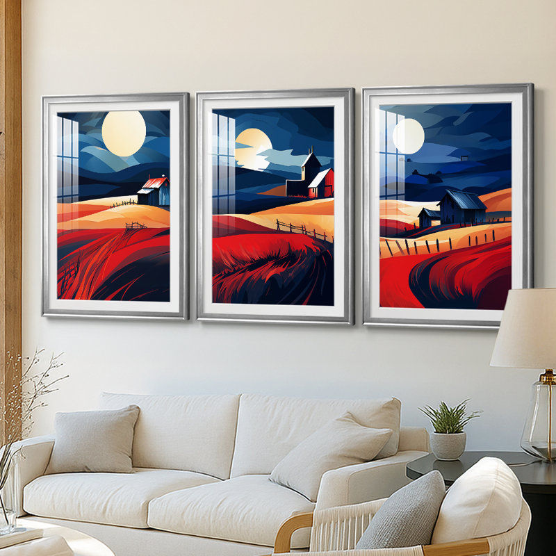 Paysages série Cxxvi - impression encadrée sur mesure de qualité supérieure mat - 3 pièces, H 15 po x l 19 po, Argent argent