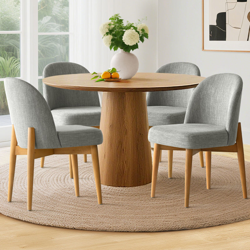 Linen Upholstered Dining Chairs With Solid Wood Legs, Gray