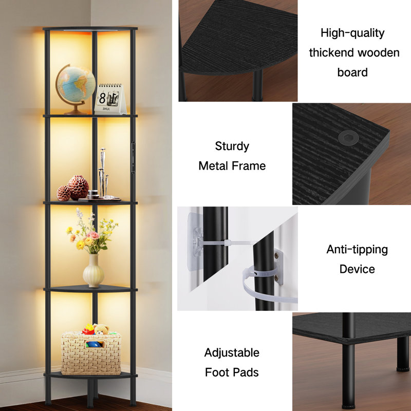 67" Floor Lamp with LED Lights, Touch & Remote Control, 3 Color Temperature, Dimmable Tall Corner Bookcase, Black