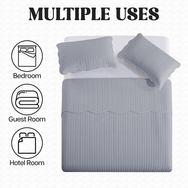 Embossed Quilted Bedspread Set – Soft Microfiber Coverlet With Pillow Shams, Hotel-Style Bedding For High Beds, Silver