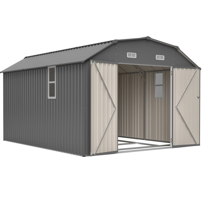 Abri de jardin 3 x 3,6 m (10 x 12 pi) en acier antirouille gris robuste, avec châssis de plancher, étanche, grande porte, construction haute résistance, résistant à la neige, conception intelligente.