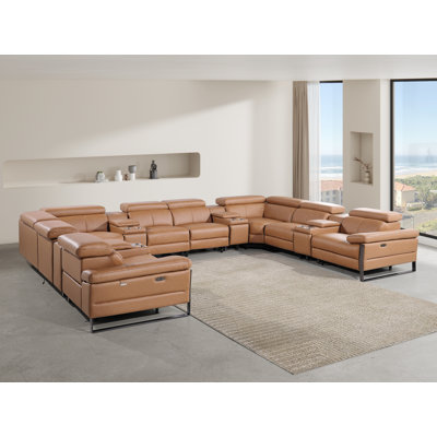 Top Grain Italian Leather 12-Piece U-Shaped Modular Power Reclining Sectional With 4 Power Recliners & Power Headrests