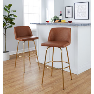 Tabouret de bar contemporain pivotant 30 po Toriano en similicuir brun clair et métal doré avec repose-pieds rond - ensemble de 2 (Ensemble de 2)