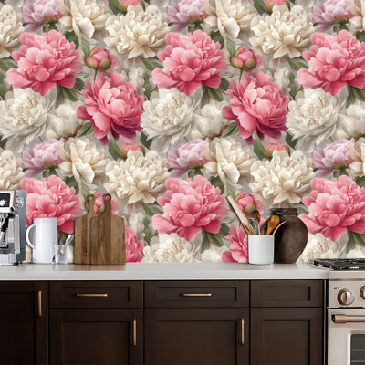 Papier peint adhésif auto-adhésif à motif de pivoines pastel doux, crème, rose, crème, fleurs, contact mural amovible pour armoires de cuisine de chambre à coucher 17,7 po x 118 po