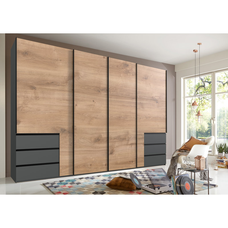 Guardino 4 Door Wardrobe, 236cm H x 350cm W x 65cm D, Graphite/Plank Oak