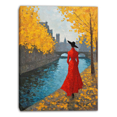 Art mural sur toile rouge "Red dress by the seine"