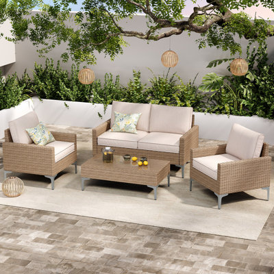 4-Piece Outdoor Conversation Set with Coffee Table, Loveseat and Chairs, All-Weather Metal Patio Sofa Set with Cushions for Garden, Poolside, Porch, Beige