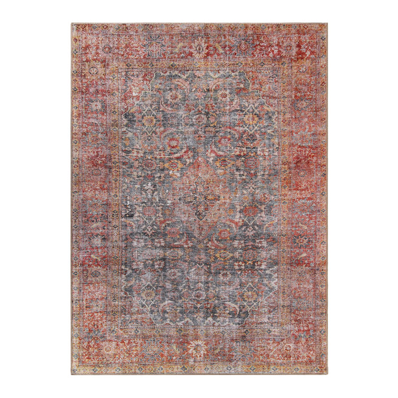 Tapis d'intérieur en polyester Huda avec envers en toile de coton, Rectangle de 5 pi 7 po x 7 pi 6 po, Rouge rubis