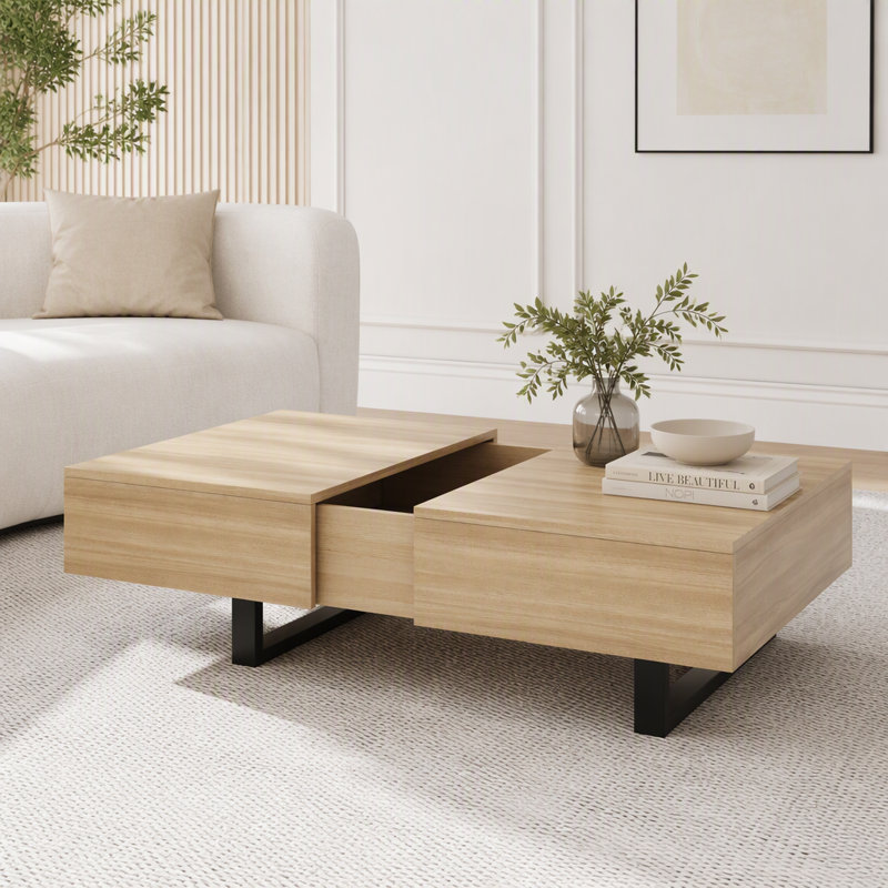 Table basse à plateau coulissant avec rangement dissimulé, Naturel