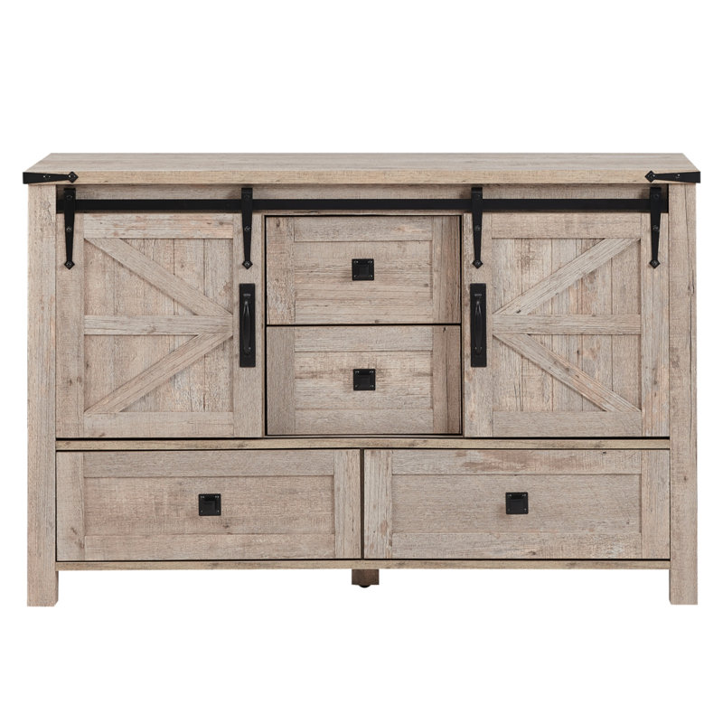 Commode de chambre à coucher avec 4 tiroirs et portes de grange coulissantes Terramuggus, Chêne rustique pâle