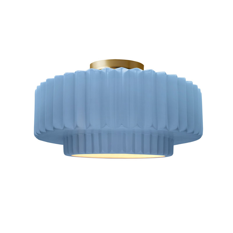 Radiance Ceramic Pleated Semi-Flush Mount, 7.25" H x 14.5" W x 14.5" D, Sky Blue, Brushed Brass