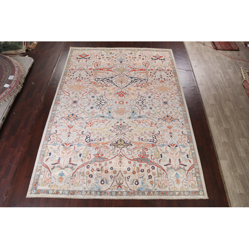 Tapis gris en laine noué à la main de conception unique 10 pi x 13 pi 7 po New Age