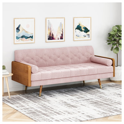 Canapé Mid-Century moderne capitonné en tissu rose rosé avec pieds dorés - 72,25 pouces