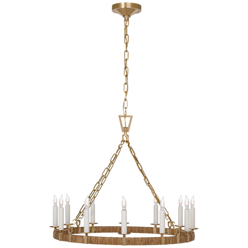 Darlana 12 - Light Wagon Wheel Chandelier, Antique-Burnished Brass/Natural Rattan, 24.5" H x 30" W x 29" D