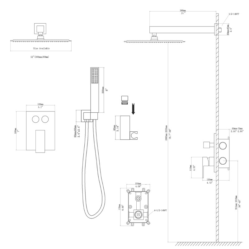 Dual Shower Head - 12 Inch Wall Mounted Square Shower System with Rough-in Valve, Matte black