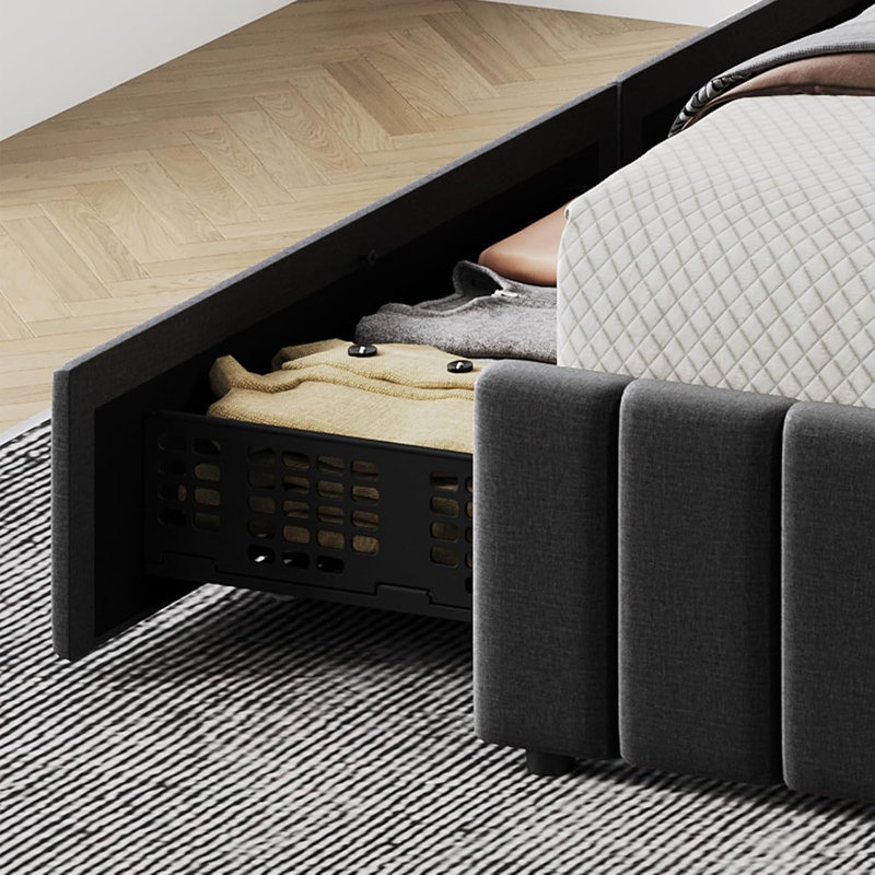 Grand lit plateforme tapissier avec tiroirs de rangement, tête de lit réglable, grand cadre en bois pour la chambre à coucher, noir