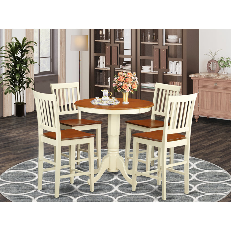 3 Piece Kitchen Counter Height Dining Set Contains a Round Dining Room Table with Pedestal and 2 Linen Fabric Upholstered Chairs, Buttermilk & Cherry