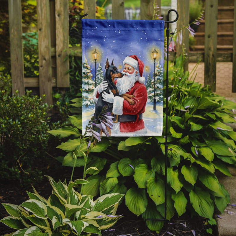 Doberman pinscher avec le drapeau du jardin du père Noël, Taille du jardin, Doberman pinscher