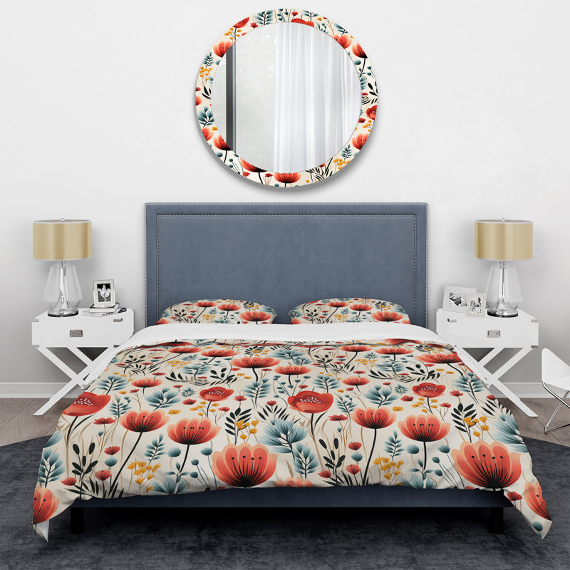 Ensemble de housse de couette en microfibre vert / corail Light Red Garden Floral Serene Blooms I