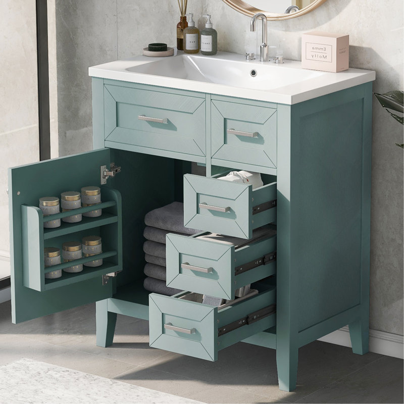 Ensemble de meuble-lavabo avec lavabo 30 po, armoire de salle de bain verte avec tiroirs, structure solide et panneau de fibres à densité moyenne