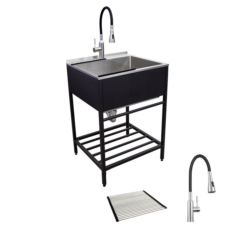 Transolid 18 Gal Matte Black Freestanding Laundry Sink with Cabinet and Faucet