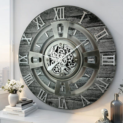 Wall Clock 24" Medium Sized for Living Room decor with Real Moving Gears England Collection