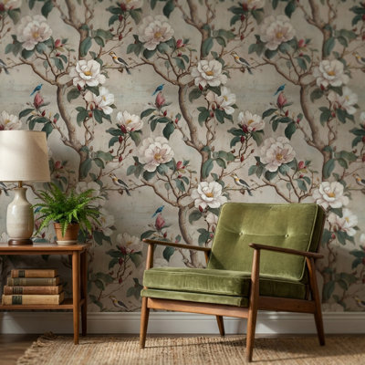 Vintage Floral Wallpaper Birds Nature Wall Decor