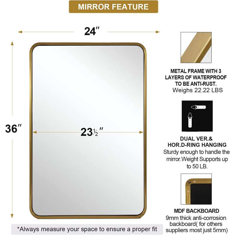 Contemporary Rectangle Bathroom Vanity Mirror | Stainless Steel Thick Frame, 36" x 24", Brushed Gold