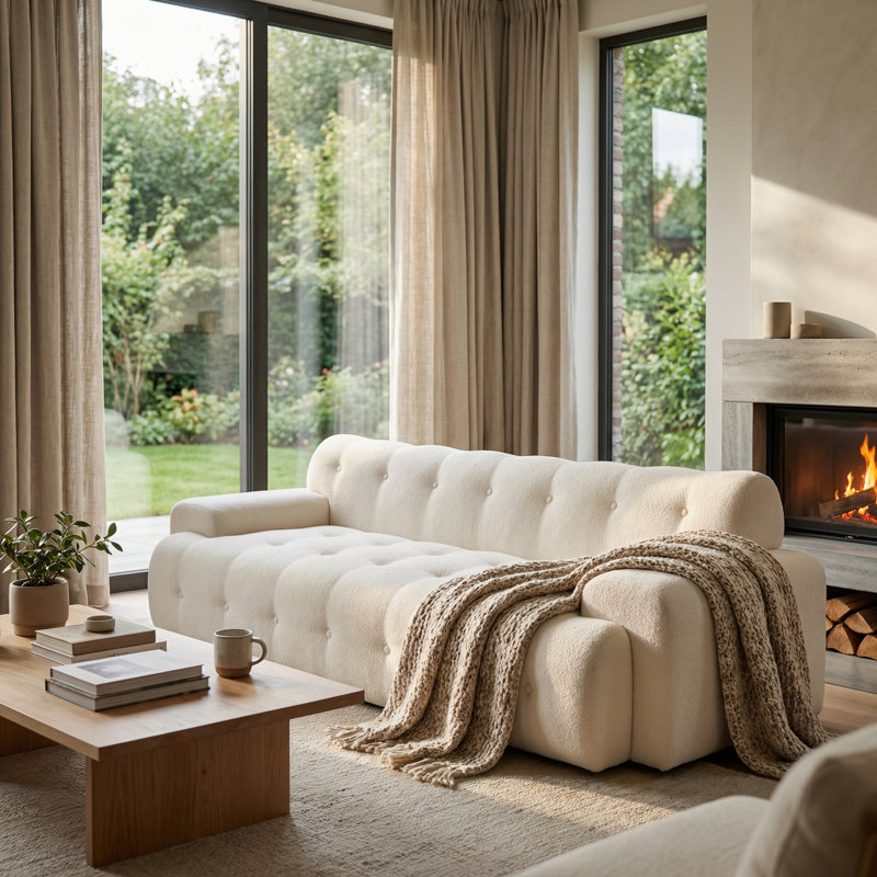 Alora Cloud 3-Seater Modern Upholstered Sofa With Button-Tufted Detailing, Snow White