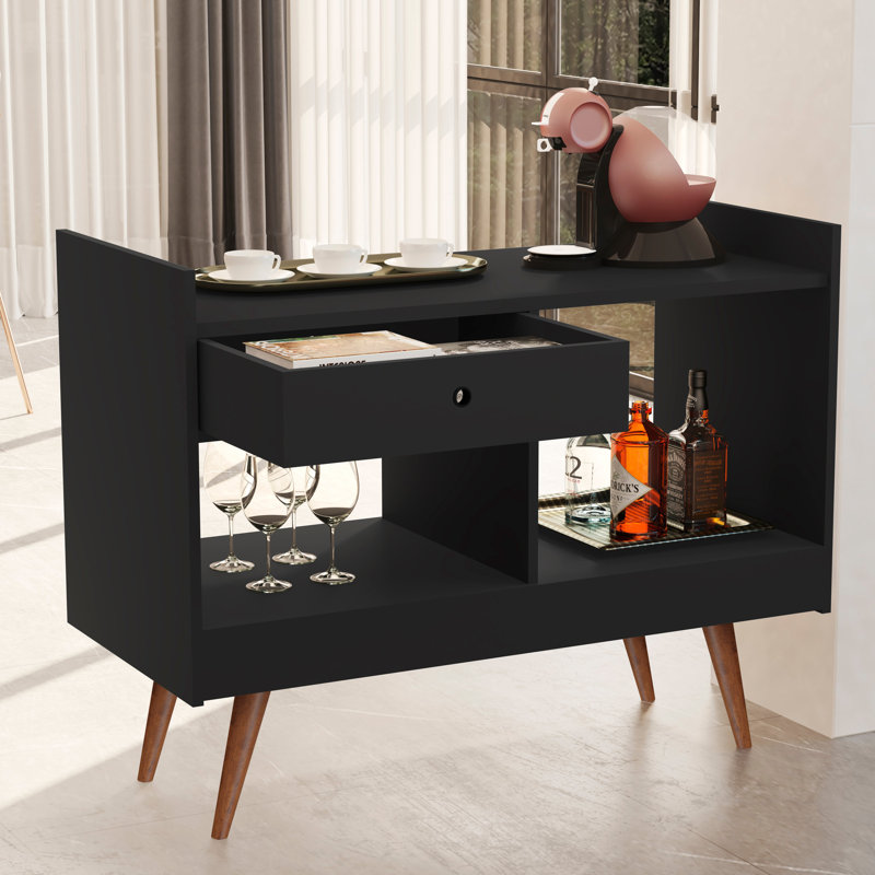 Boahaus Southampton Modern Home Bar Cabinet, Two Open Shelves, One Drawer, Compact for Small Spaces, Black
