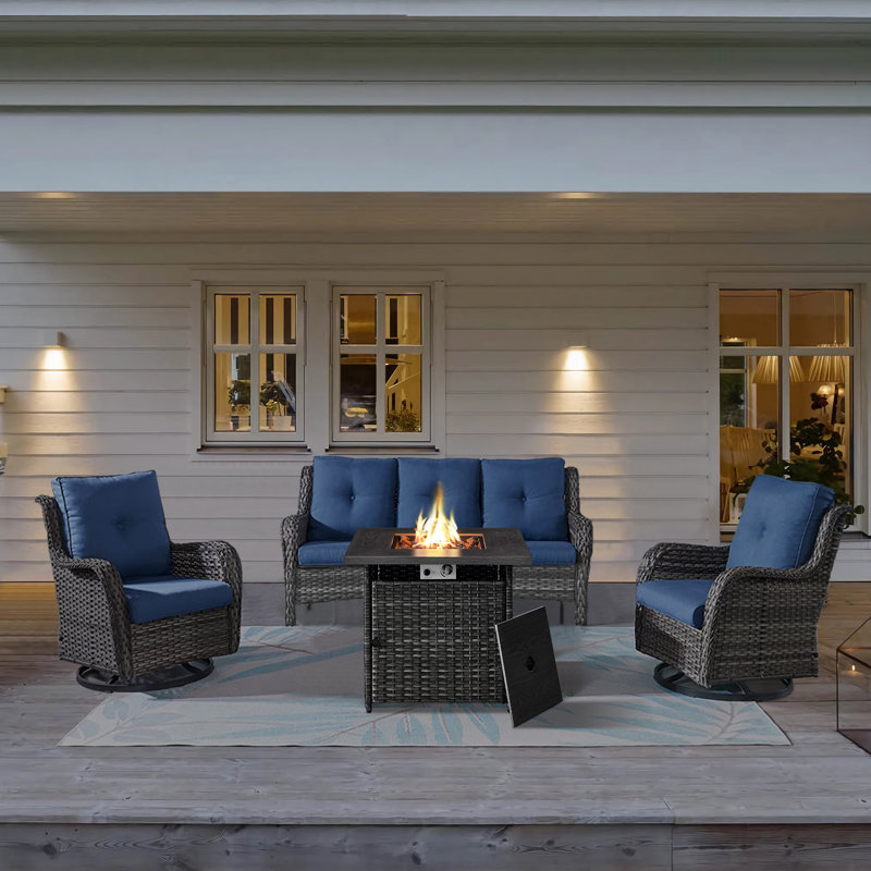 Billancourt Wicker 5 - Person Outdoor Seating Group with Fire Pit Cushions, Blue