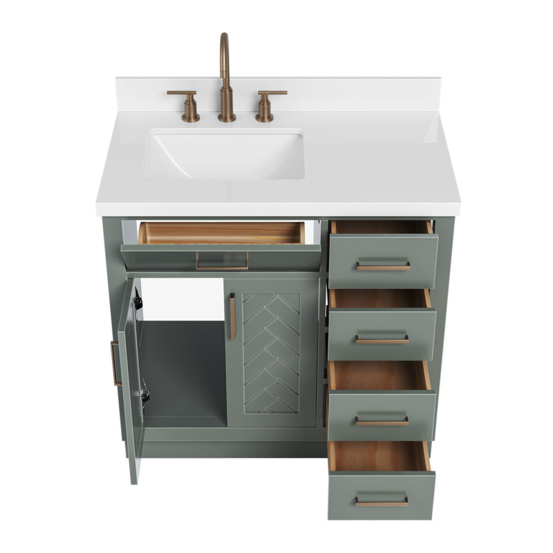 Meuble-lavabo simple en bois massif 36 po Tidworth avec plateau en quartz 1,5 po, Forme rectangulaire, Gauche, Vert rétro