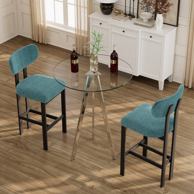 Ensemble de table de bar moderne en verre trempé avec tabourets de bar rembourrés en tissu, 3 pièces: table, 2 chaises