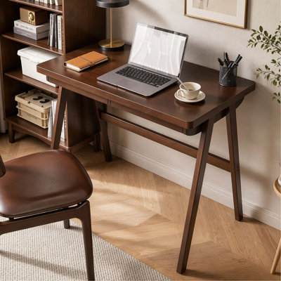 Bureau d'ordinateur 100 % bois d'hévéa massif, bureau rétro avec tiroir, piètement robuste en forme de A, 100 cm × 55 cm, épaisseur standard 1,8 cm. Table de travail standard pour bureau à domicile.
