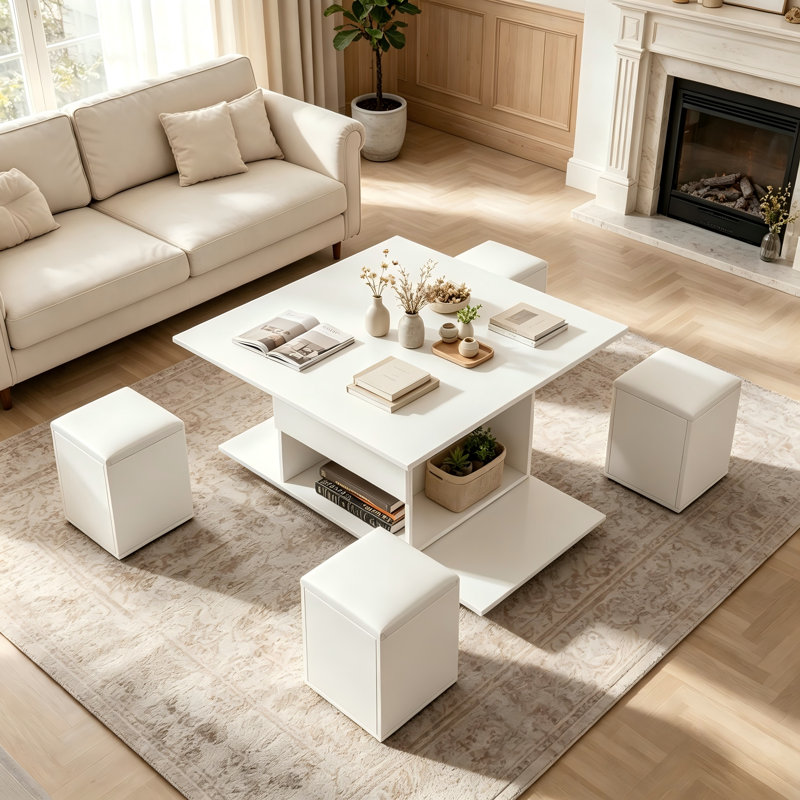 Modern White Lift Top Coffee Table With Storage Compartment and 3 Padded Storage Stools