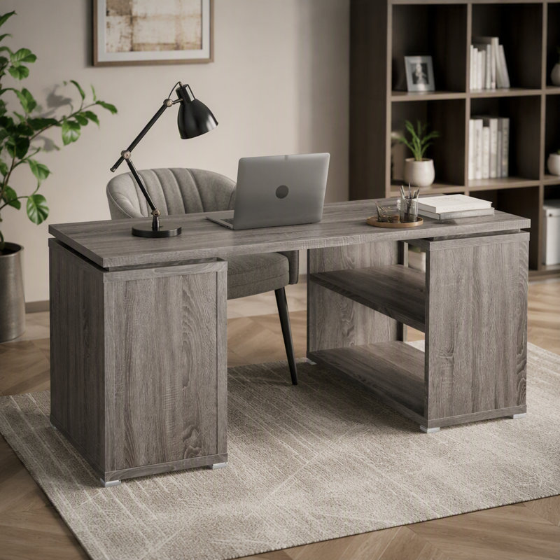 Bureau en L avec tiroirs et tablettes