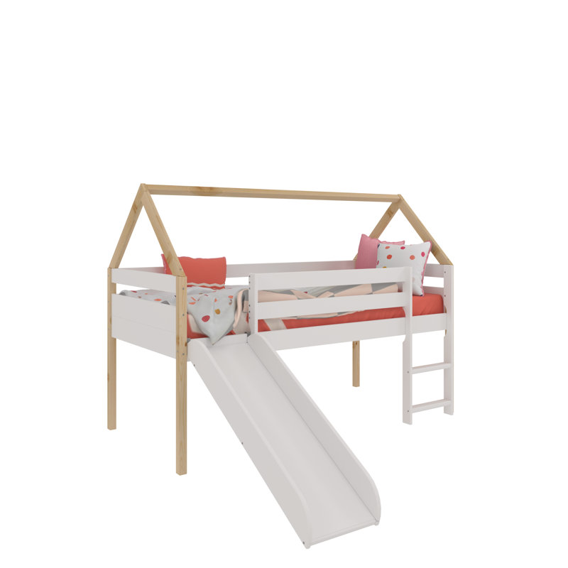 Twin Loft Bed with Slide for Kids – Solid Pine Wood House-Frame, Low Loft Playhouse Bed with Ladder & Safety Rails by From the Tree Furniture