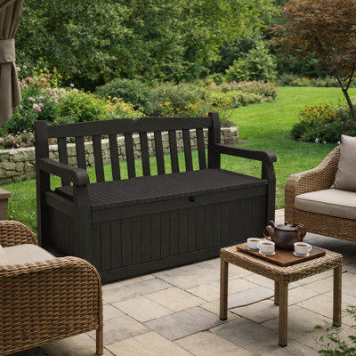 70 Gallon Outdoor Waterproof Resin Storage Bench with Lockable Design for Patio Furniture, Pool Accessories